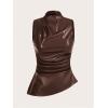 imageMakeMeChic Womens PU Leather Tank Top Mock Neck Y2k Ruched Party Sleeveless Leather TopsCoffee Brown