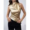 imageMakeMeChic Womens PU Leather Tank Top Mock Neck Y2k Ruched Party Sleeveless Leather TopsGold