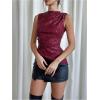 imageMakeMeChic Womens PU Leather Tank Top Mock Neck Y2k Ruched Party Sleeveless Leather TopsRed Sequin