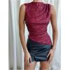 imageMakeMeChic Womens PU Leather Tank Top Mock Neck Y2k Ruched Party Sleeveless Leather TopsRed Sequin