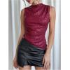 imageMakeMeChic Womens PU Leather Tank Top Mock Neck Y2k Ruched Party Sleeveless Leather TopsRed Sequin