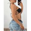 imageMakeMeChic Womens PU Leather Top Tie Backless Halter Grommet Eyelet Y2K Going Out TopsBlack