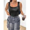imageMakeMeChic Womens Plus Size PU Leather Slim Fit Tank Top Square Neck Stretch Camisole Shirts TopsBlack