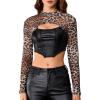imageMakeMeChic Womens Faux Leather Crop Tops Y2K Cut Out Mesh Sheer Long Sleeve Mock Neck Tee ShirtsBlack and Brown