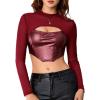 imageMakeMeChic Womens Faux Leather Crop Tops Y2K Cut Out Mesh Sheer Long Sleeve Mock Neck Tee ShirtsBurgundy