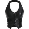 imageMakeMeChic Womens PU Leather Asymmetrical Hem Sleeveless Button Down Halter Crop TopsBlack