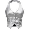 imageMakeMeChic Womens PU Leather Asymmetrical Hem Sleeveless Button Down Halter Crop TopsSilver