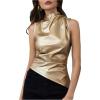 imageMakeMeChic Womens PU Leather Tank Top Mock Neck Y2k Ruched Party Sleeveless Leather TopsGold