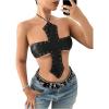 imageMakeMeChic Womens PU Leather Top Tie Backless Halter Grommet Eyelet Y2K Going Out TopsBlack