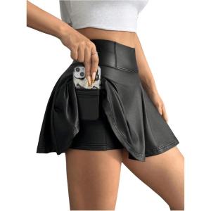 imageMakeMeChic Girls PU Leather A Line Mini Skirt Flared Hem Ruffle Summer Short Skirts with PocketBlack