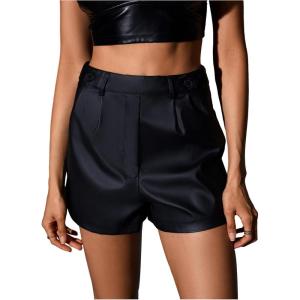 imageMakeMeChic Womens Casual Pu Leather Shorts High Waist Straight Wide Leg Leather ShortsBlack