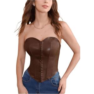 imageMakeMeChic Womens Corset Tube Tops Faux PU Leather Going Out Strapless Sleeveless Bandeau Bustier Crop TopsCoffee Brown