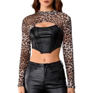 imageMakeMeChic Womens Faux Leather Crop Tops Y2K Cut Out Mesh Sheer Long Sleeve Mock Neck Tee ShirtsBlack and Brown