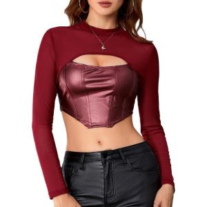 imageMakeMeChic Womens Faux Leather Crop Tops Y2K Cut Out Mesh Sheer Long Sleeve Mock Neck Tee ShirtsBurgundy