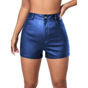 imageMakeMeChic Womens Faux Leather High Waist Stretchy Shorts Skinny Bodycon BottomBlue
