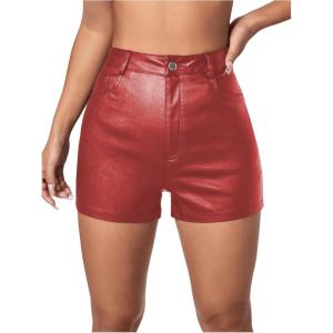 imageMakeMeChic Womens Faux Leather High Waist Stretchy Shorts Skinny Bodycon BottomRed