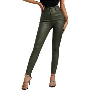 imageMakeMeChic Womens Faux Leather Skinny Pants Button Front High Waisted PU Leather Leggings PantsArmy Green