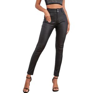 imageMakeMeChic Womens Faux Leather Skinny Pants Button Front High Waisted PU Leather Leggings PantsBlack