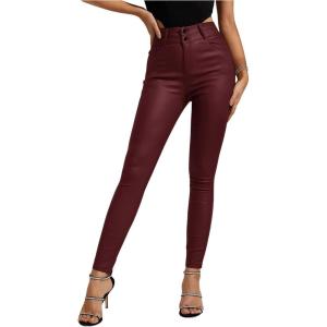 imageMakeMeChic Womens Faux Leather Skinny Pants Button Front High Waisted PU Leather Leggings PantsBurgundy