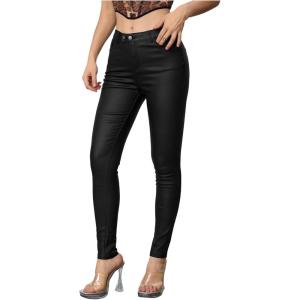 imageMakeMeChic Womens Faux Leather Stretch Skinny Pants High Waisted Double Button PU Leather Leggings PantsBlack