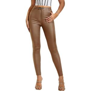 imageMakeMeChic Womens Faux Leather Stretch Skinny Pants High Waisted Double Button PU Leather Leggings PantsBrown