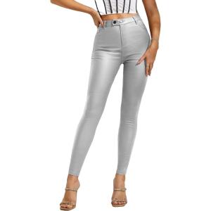 imageMakeMeChic Womens Faux Leather Stretch Skinny Pants High Waisted Double Button PU Leather Leggings PantsSilver