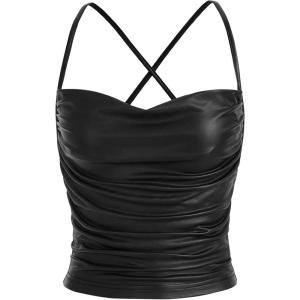 imageMakeMeChic Womens Faux Leather Top Criss Cross Ruched PU Leather Cami Tank Top VestBlack