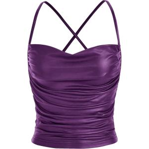 imageMakeMeChic Womens Faux Leather Top Criss Cross Ruched PU Leather Cami Tank Top VestPurple