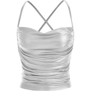 imageMakeMeChic Womens Faux Leather Top Criss Cross Ruched PU Leather Cami Tank Top VestSilver