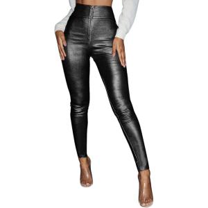 imageMakeMeChic Womens Metallic Faux Leather High Waisted Zipper Front Skinny Pants LeggingsBlack