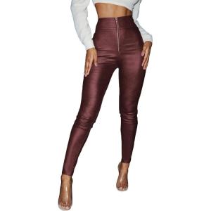 imageMakeMeChic Womens Metallic Faux Leather High Waisted Zipper Front Skinny Pants LeggingsBurgundy