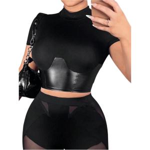 imageMakeMeChic Womens Mock Neck Short Sleeve PU Leather Y2K Tee Shirts Party Crop TopsBlack