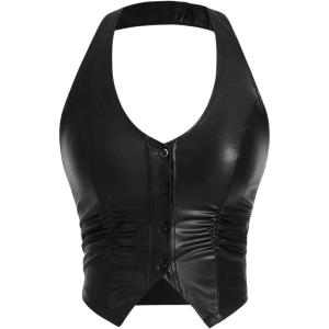 imageMakeMeChic Womens PU Leather Asymmetrical Hem Sleeveless Button Down Halter Crop TopsBlack