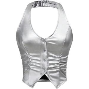 imageMakeMeChic Womens PU Leather Asymmetrical Hem Sleeveless Button Down Halter Crop TopsSilver