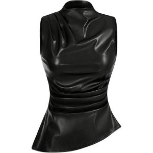imageMakeMeChic Womens PU Leather Tank Top Mock Neck Y2k Ruched Party Sleeveless Leather TopsBlack B