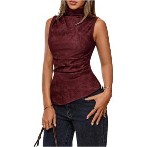 imageMakeMeChic Womens PU Leather Tank Top Mock Neck Y2k Ruched Party Sleeveless Leather TopsBurgundy B