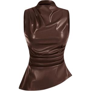imageMakeMeChic Womens PU Leather Tank Top Mock Neck Y2k Ruched Party Sleeveless Leather TopsCoffee Brown