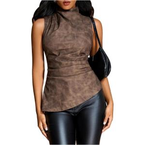 imageMakeMeChic Womens PU Leather Tank Top Mock Neck Y2k Ruched Party Sleeveless Leather TopsMocha Brown