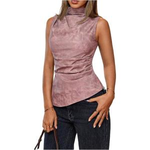 imageMakeMeChic Womens PU Leather Tank Top Mock Neck Y2k Ruched Party Sleeveless Leather TopsPink