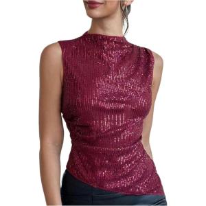 imageMakeMeChic Womens PU Leather Tank Top Mock Neck Y2k Ruched Party Sleeveless Leather TopsRed Sequin