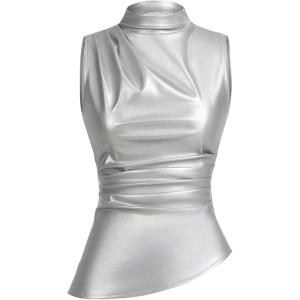 imageMakeMeChic Womens PU Leather Tank Top Mock Neck Y2k Ruched Party Sleeveless Leather TopsSilver