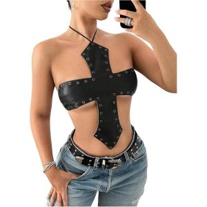 imageMakeMeChic Womens PU Leather Top Tie Backless Halter Grommet Eyelet Y2K Going Out TopsBlack