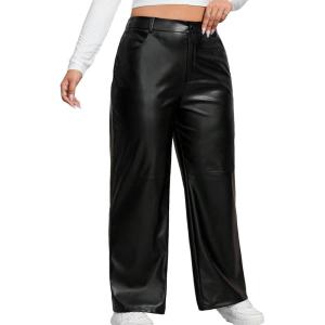 imageMakeMeChic Womens Plus Size Faux Leather High Waisted Straight Wide Leg Pants with PocketsBlack