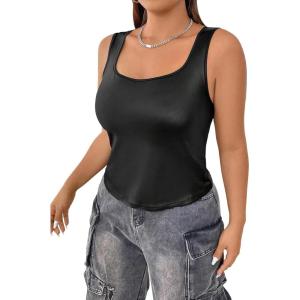 imageMakeMeChic Womens Plus Size PU Leather Slim Fit Tank Top Square Neck Stretch Camisole Shirts TopsBlack