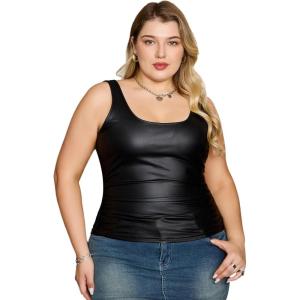 imageMakeMeChic Womens Plus Size PU Leather Tank Top Square Neck Ruched Sleeveless Y2K VestBlack