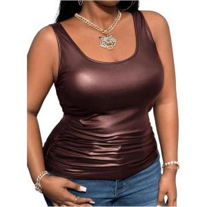 imageMakeMeChic Womens Plus Size PU Leather Tank Top Square Neck Ruched Sleeveless Y2K VestBrown