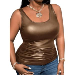 imageMakeMeChic Womens Plus Size PU Leather Tank Top Square Neck Ruched Sleeveless Y2K VestMocha Brown
