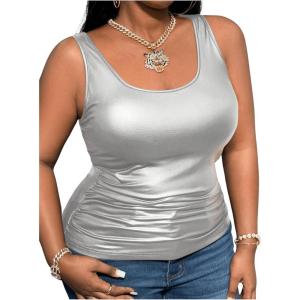 imageMakeMeChic Womens Plus Size PU Leather Tank Top Square Neck Ruched Sleeveless Y2K VestSilver