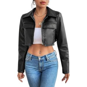 imageMakeMeChic Womens Y2K Faux Leather Jacket Zip Up Crop Top Long Sleeve Motorcycle CoatBlack
