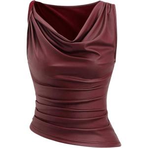 imageMakeMeChic Womens Y2K Sleeveless PU Leather Tank Top Cowl Neck Asymmetrical Hem Leather TopsBurgundy